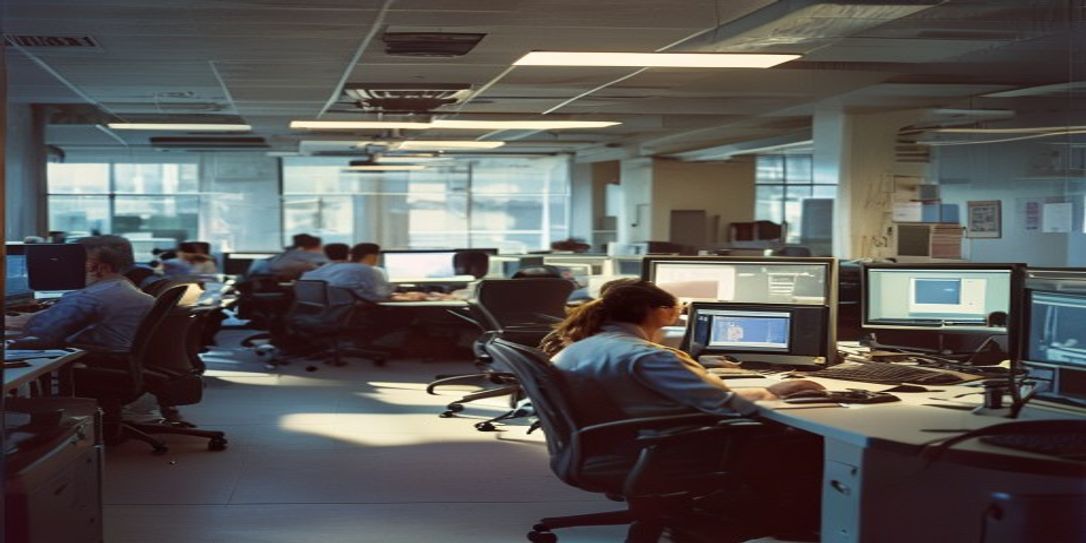 A raw documentary 35mm photo of a real office with workers using computers and automation tools with authentic lighting and natural atmosphere