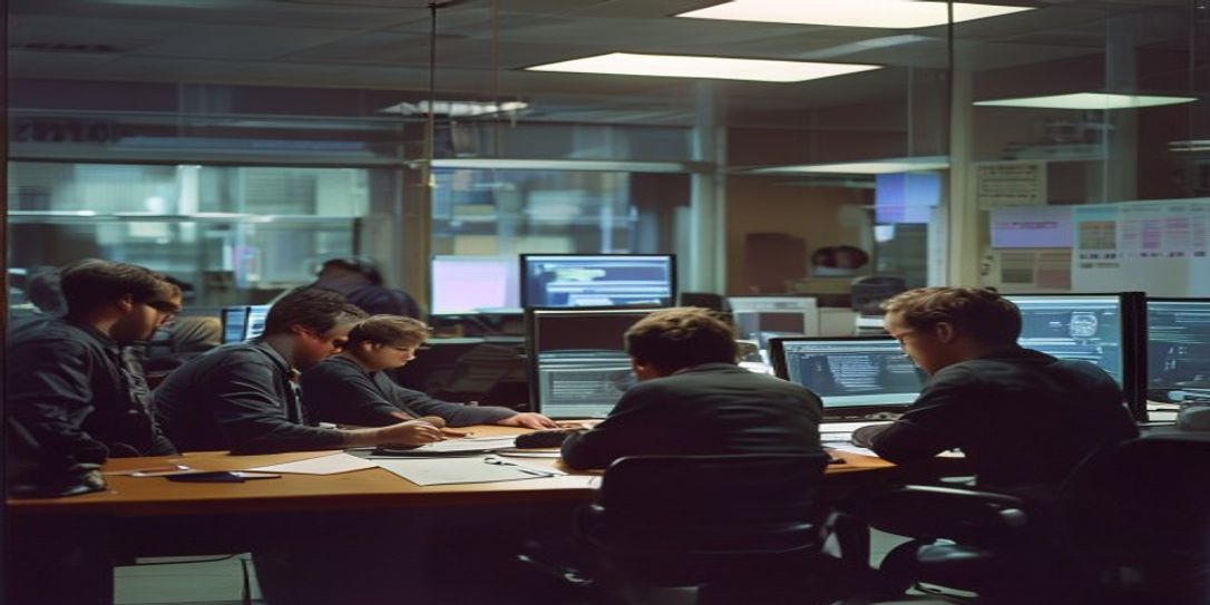 A raw documentary 35mm photo of a real financial institution with authentic lighting and real workers, focusing on a team of developers collaborating on AI agent development for financial institutions