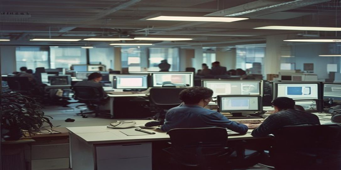 A raw documentary 35mm photo of a real office with workers using computers and AI agents working in the background with authentic lighting and real workers