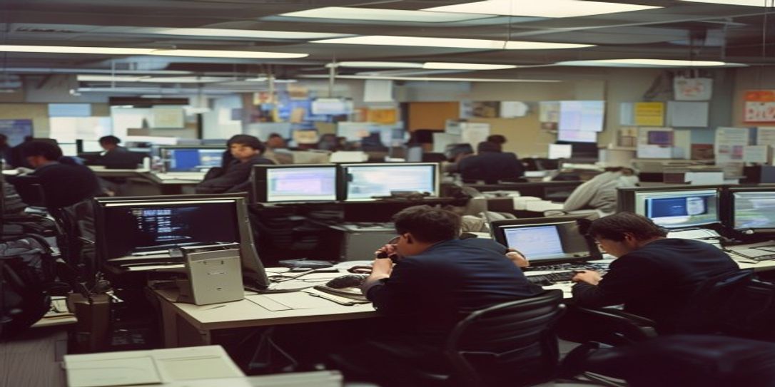 A raw documentary 35mm photo of a busy sales office with real workers using computers and talking on phones, with authentic lighting and a sense of urgency, in a natural and realistic environment