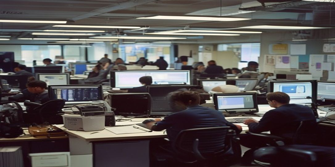 A raw documentary 35mm photo of a busy office with workers using computers and discussing AI business process optimization strategies with authentic lighting and real workers