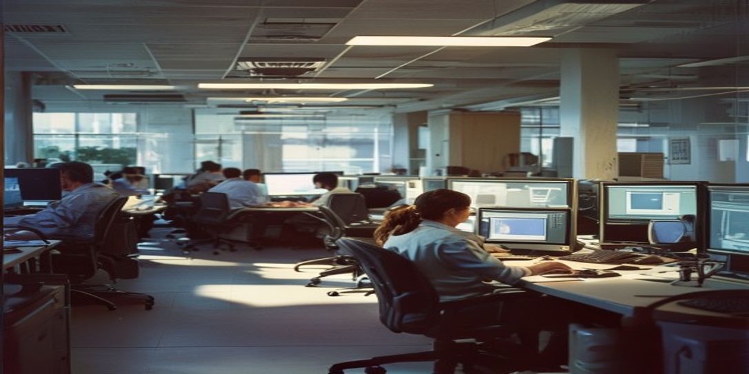 A raw documentary 35mm photo of a real office with workers using computers and automated systems with authentic lighting and a natural atmosphere