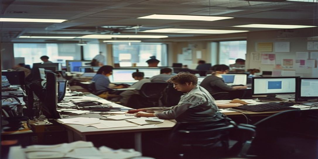 A raw documentary 35mm photo of a real office with employees working on computers and papers with authentic lighting and real workers in the background