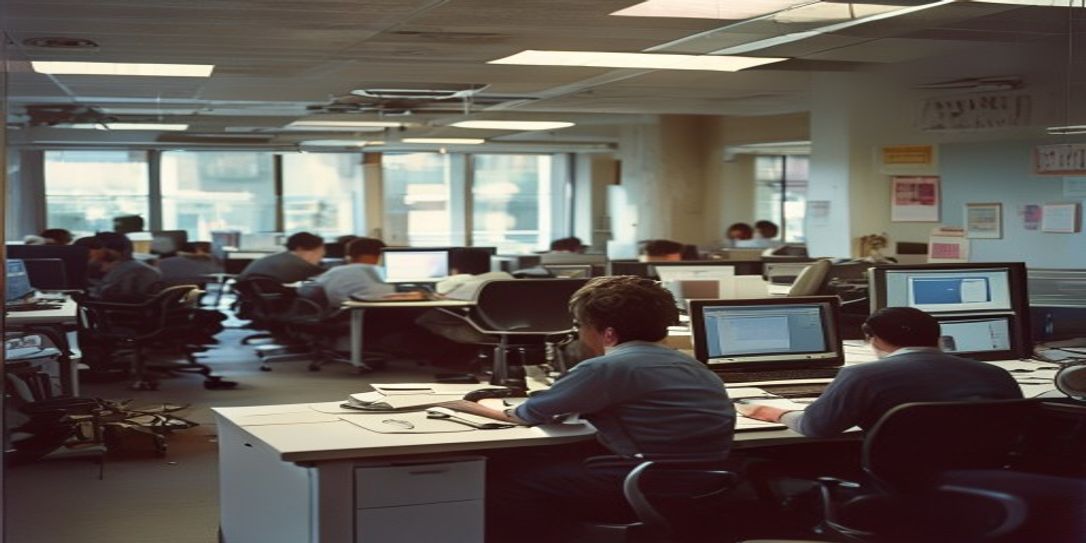 A raw documentary 35mm photo of a real office with workers using computers and laptops, with authentic lighting and a natural atmosphere, capturing the essence of a modern workplace